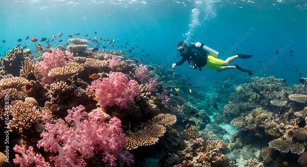 Fototapeta premium Breathtaking underwater scene of a scuba diver exploring a vibrant coral reef ecosystem teeming with marine life