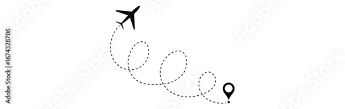 Airplane with dotted line route. flying plane with twisted, curved and straight dashed trace path Vector eps 10