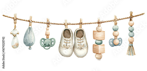 Baby clothesline with pacifiers, shoes, and toys