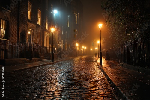 Foggy Victorian London cobblestone street with gas lamps and dark stone buildings, atmospheric night scene
