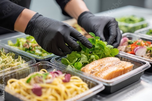 Hands in black gloves arranging fresh food in meal prep containers