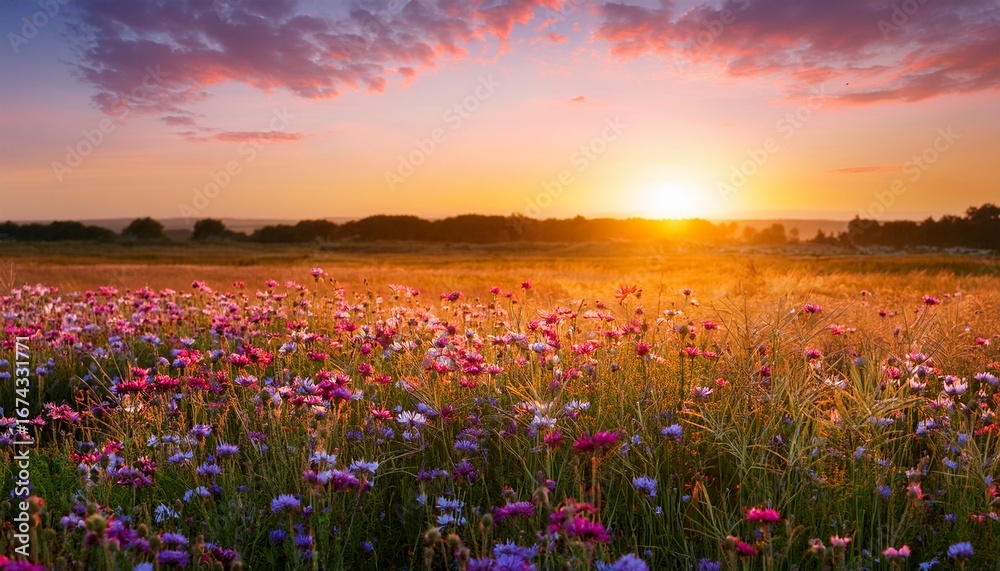 Fototapeta premium stunning sunset over wildflowers in a summer field vertical background with copy space