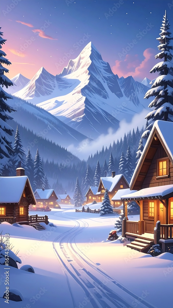 Fototapeta premium Snowy mountain village winter landscape