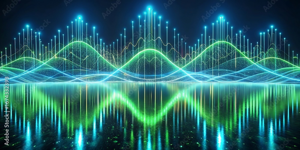 Fototapeta premium Abstract digital waveform with glowing green and blue lines reflecting on a dark surface, representing data or sound.