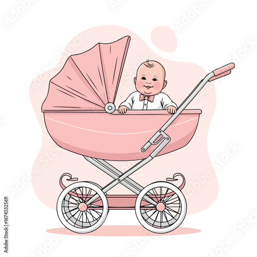 baby, carriage, child, stroller, vector, illustration, boy, pram, mother, cartoon, card, childhood, kid, family, perambulator, newborn, toy, woman, infant, born, birthday, pink, design, happiness,