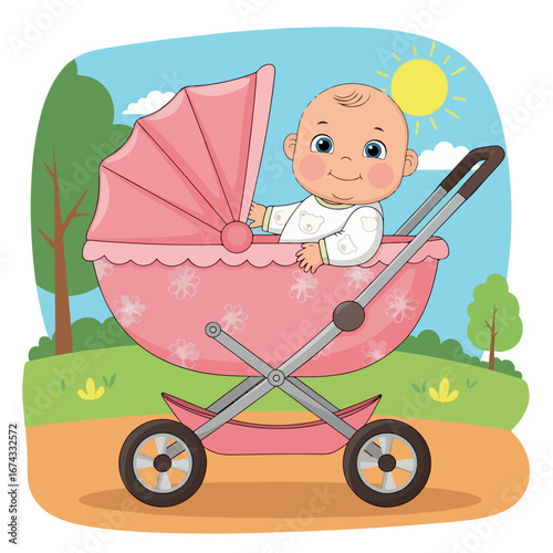 baby, carriage, child, stroller, vector, illustration, boy, pram, mother, cartoon, card, childhood, kid, family, perambulator, newborn, toy, woman, infant, born, birthday, pink, design, happiness,