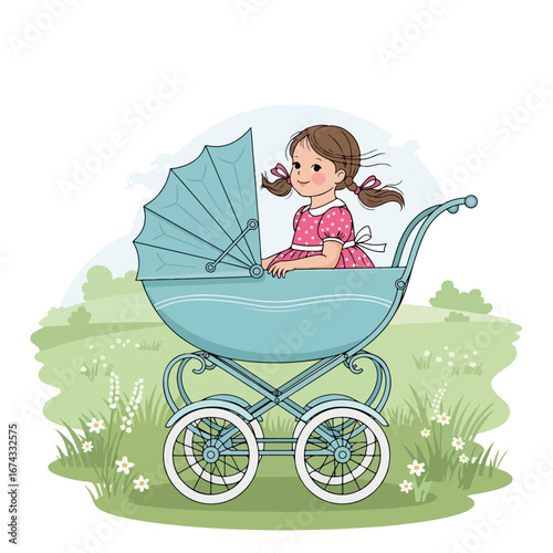 baby, carriage, child, stroller, vector, illustration, boy, pram, mother, cartoon, card, childhood, kid, family, perambulator, newborn, toy, woman, infant, born, birthday, pink, design, happiness,