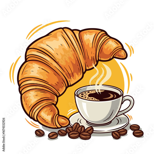 food, croissant, breakfast, cafe, bakery, illustration, coffee, vector, cup, drink, dessert, snack, sweet, pastry, bread, isolated, background, restaurant, art, beverage, hot, mug, morning, tea, 