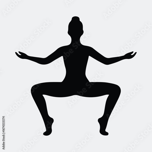 Silhouette woman squatting with outstretched arms in yoga position vector illustration