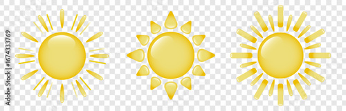A set of three three-dimensional, cartoon sun icons on a transparent background. A collection of cartoon suns with highlights. Logo, sun sticker. Vector EPS 10.