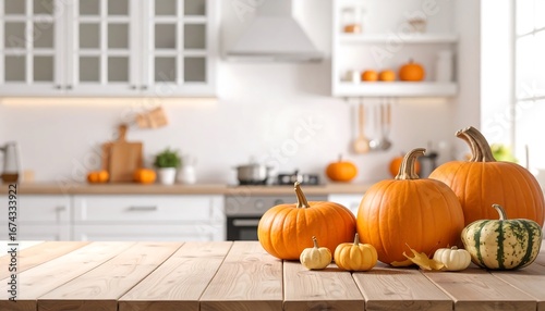 Interior shot of a kitchen with pumpkins on a wooden table, creating a fall setting