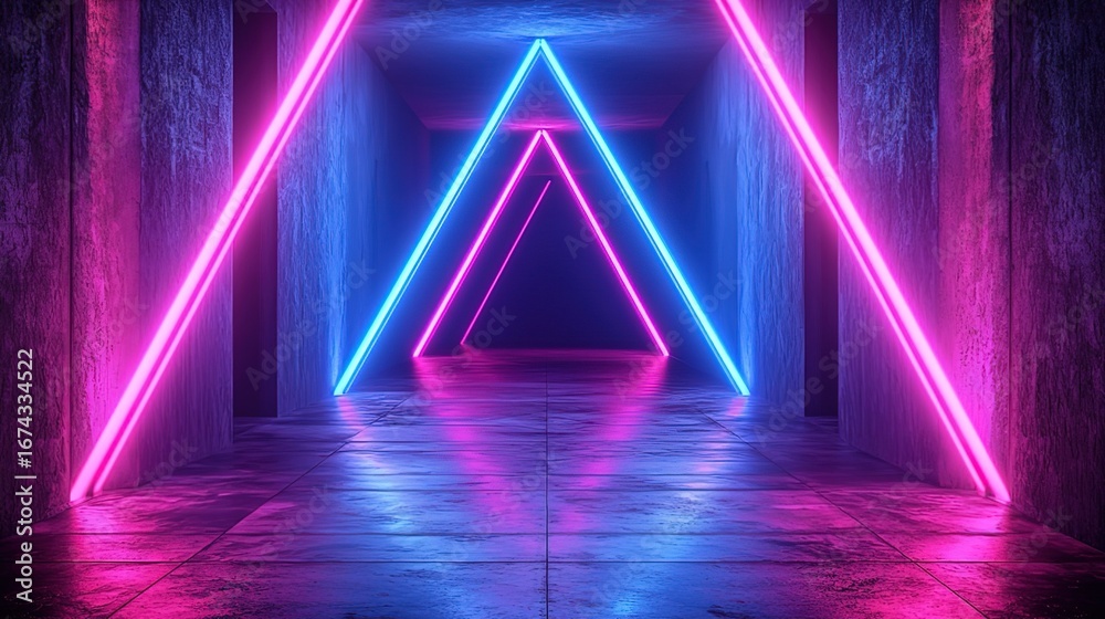 Fototapeta premium Neon - Lit Triangular Tunnel in a Concrete Space