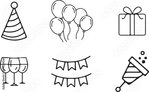 Party icons including party hat balloons gift box glasses bunting and popper celebration