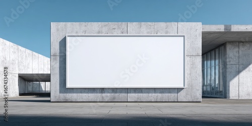 Mockup. Empty large horizontal digital billboard in the middle of gray office building concrete wall. Plain bright blank white screen outdoor. Industrial background. Advertising mock up. Urban banner