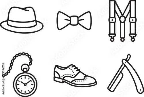 1920s Men's Fashion and Accessories Icon Set: 6 Black and White Line Icons, Including Fedora Hat, Bow Tie, Pocket Watch, and Wingtip Shoes.
