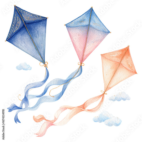 Three kites in the sky with flowing ribbons