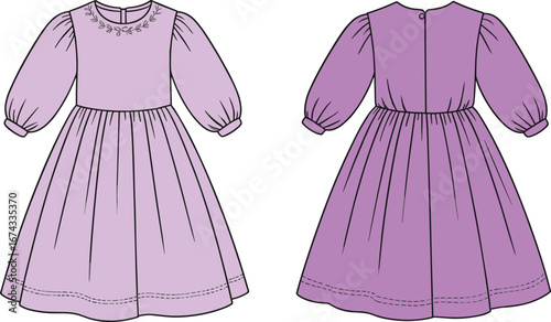 Baby girl puff sleeve dress vector, front and back view, children’s fashion flat sketch for toddler wear, cute dress design template