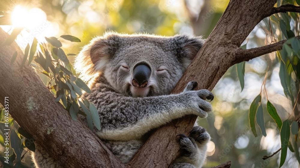 Obraz premium An image of a sleepy koala clutching a eucalyptus branch while resting in the crook of a tree