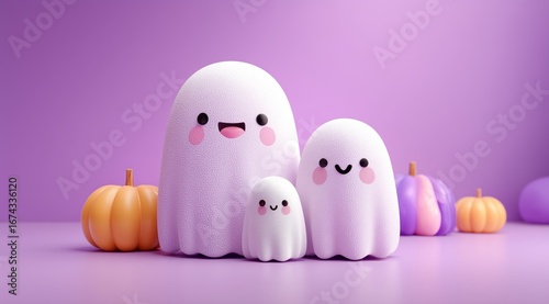 Happy family of cute ghosts with pumpkins on a purple background.