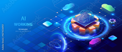 Cloud data working in isometric background. Network database clouds technology. Futuristic ai service center with brain. Data computing system. Vector connect.