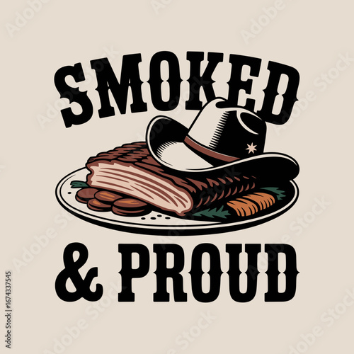 Texas Barbecue Brisket Illustration with Cowboy Hat