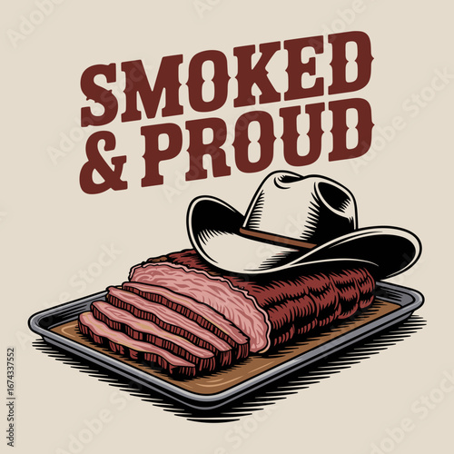 Texas Barbecue Brisket Illustration with Cowboy Hat