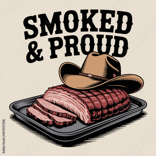 Texas Barbecue Brisket Illustration with Cowboy Hat