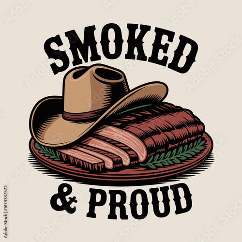 Texas Barbecue Brisket Illustration with Cowboy Hat