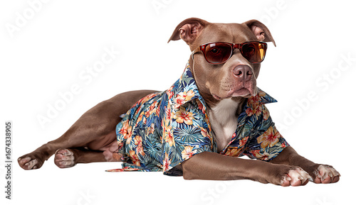 Cool brown dog wearing sunglasses and hawaiian shirt relaxed pose tropical vibes fun pet photo