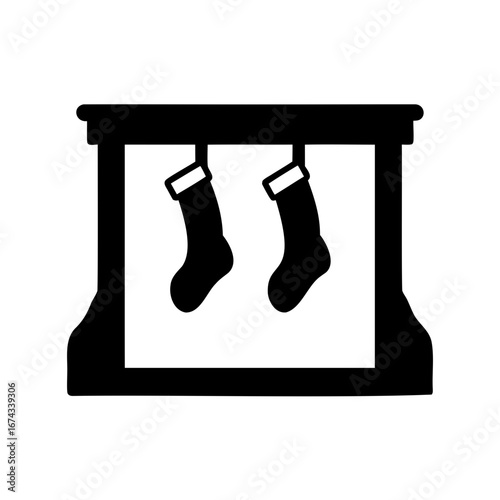 Christmas stockings hung on a mantlepiece, festive season holiday decoration icon
