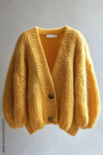 Soft yellow mohair cardigan with loose fit, puff sleeves, and mid-thigh length