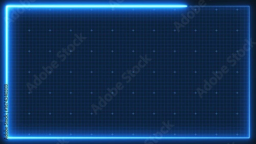 Blue neon grid frame for stage presentation, simple blueprint guide table panel motion graphic, digital square line pattern technology screen, empty futuristic computer monitor loading background