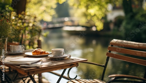 Inviting outdoor café scene with table, chairs, breakfast items, and gentle sunlight over a river