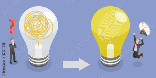 3D Isometric Flat Vector Illustration of Disorganized To Organized, Comparison Between Functioning And Non-Functioning Light Bulbs.