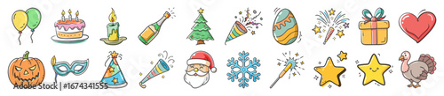 Celebration and holiday doodle icons collection - Hand-drawn doodle icons representing celebrations and holidays including birthdays, Christmas, New Year, Halloween, gifts, fireworks, love, 