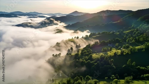 Misty sunrise over rolling hills