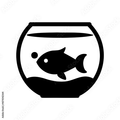 Black silhouette of a pet fish swimming in a simple fishbowl