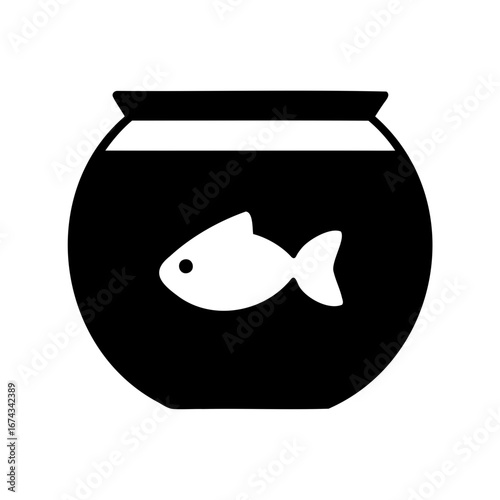 Black and white illustration of a fish bowl with a single fish