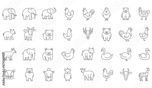 Collection of minimalist animal illustrations for design, featuring mammals, birds, and farm animals in a line art style