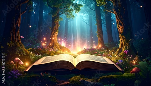 Open book in magical forest