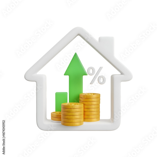 Home Value Increases:  Graph Shows Rising Property Prices with Stacked Coins, Transparent Background