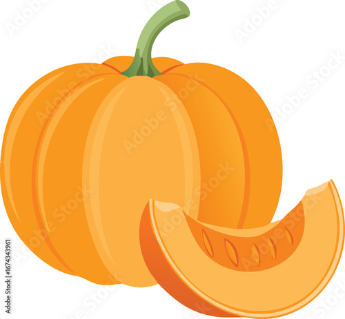 Whole and Sliced Orange Pumpkin Isolated on White