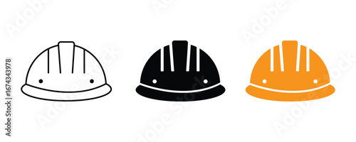Construction safety helmet icon set. Simple black and white and color safety hard hat vector. Safety cap vector illustration. Line and glyph construction hat vector.