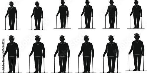 Silhouette sequence showing posture balance with poles, comparing headphone use, standing stability, auditory influence, body alignment