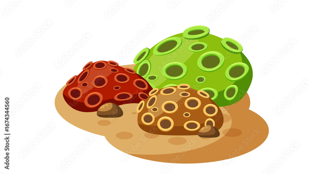 Fototapeta premium PNG Cartoon underwater sea landscape constructor with fishes and ocean animals, vector undersea world. Underwater coral reef characters of octopus with turtle,