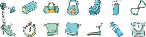 Fitness and gym doodle icons collection - Hand-drawn doodle icons representing fitness and gym essentials including dumbbells, treadmill, sneakers, water bottles, towels, scales, and training gear.