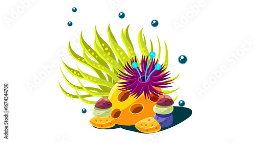 PNG Cartoon underwater sea landscape constructor with fishes and ocean animals, vector undersea world. Underwater coral reef characters of octopus with turtle,