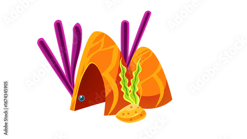 PNG Cartoon underwater sea landscape constructor with fishes and ocean animals, vector undersea world. Underwater coral reef characters of octopus with turtle,