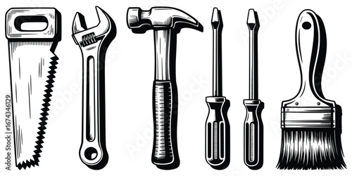 Hand Tool Vector Set, Vintage Saw, Wrench, Hammer, Screwdrivers, Paintbrush Illustration.