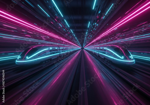 Futuristic High-speed Train in Neon Light Tunnel with Dynamic Motion Effect